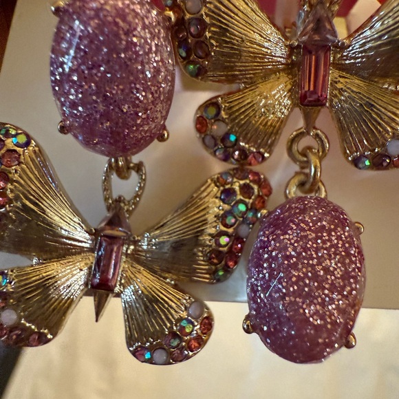 Betsey Johnson Glittery Pink and Gold Butterfly Earrings - Picture 2 of 5